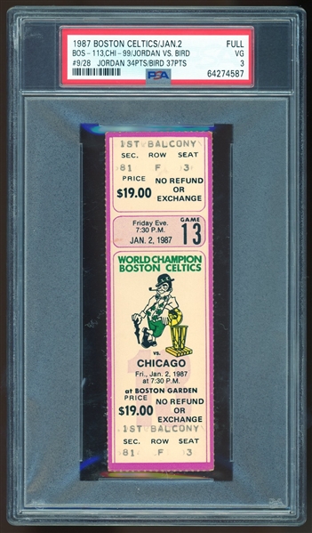1987 Jordan vs. Bird Boston Celtics Full Ticket (PSA/DNA)