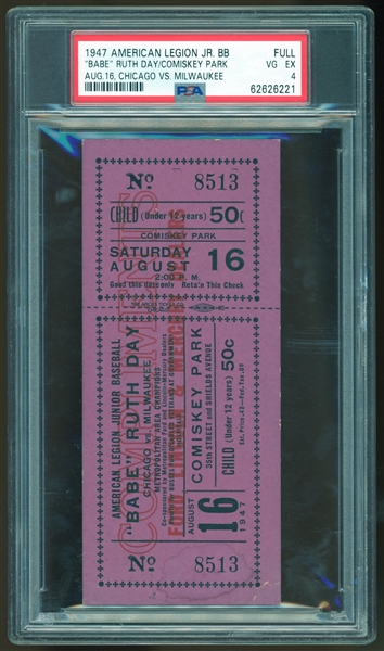 1947 Babe Ruth Day American Legion Jr. BB Full Ticket (PSA/DNA)