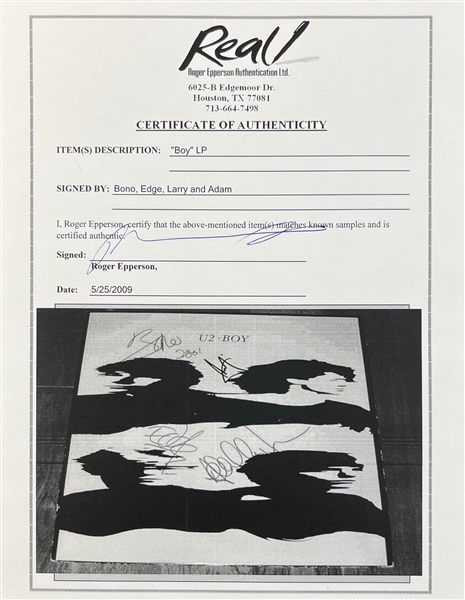 U2: FULL Group Signed Boy Album Cover w/ Vinyl (4 Sigs)(REAL LOA)