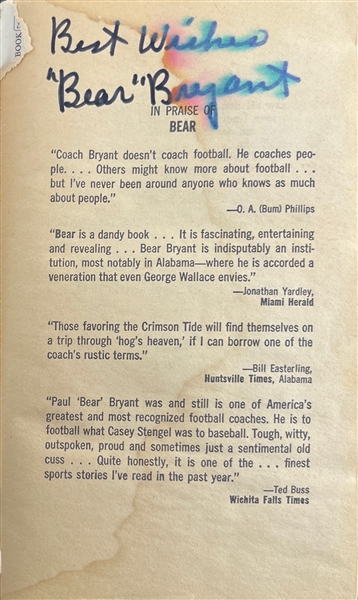 Paul Bear Bryant Dual Signed Paperback Football Book (JSA LOA)