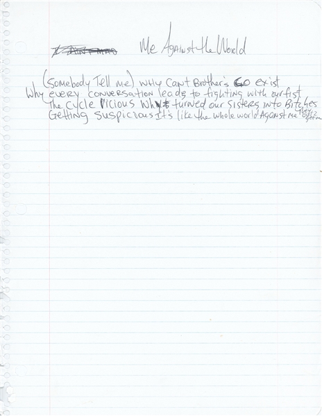 Tupac Shakur Handwritten “Me Against The World” Lyrics (JSA LOA) 