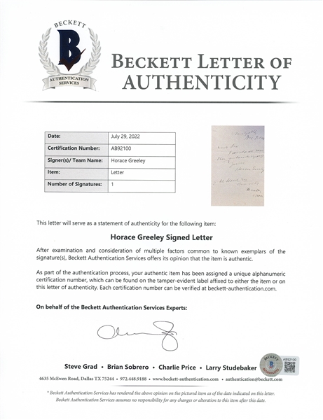 Horace Greeley Handwritten Letter Signed (Beckett/BAS LOA)