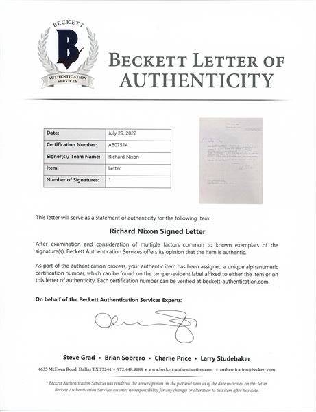 Richard Nixon Typed Letter Signed (Beckett/BAS LOA)