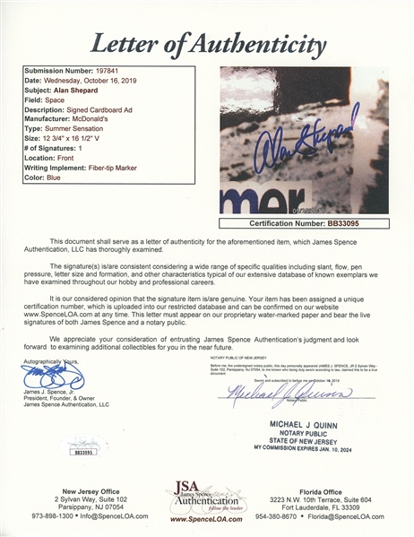Alan Shepard Signed Oversized 12.75” x 16.5” Ad (JSA Authentication)