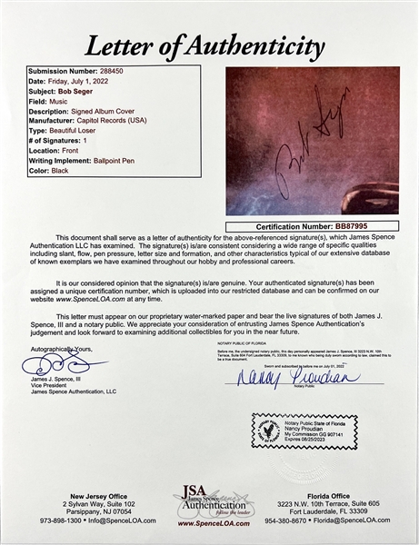 Bob Seger Signed “Beautiful Loser” Album Record (JSA LOA)  
