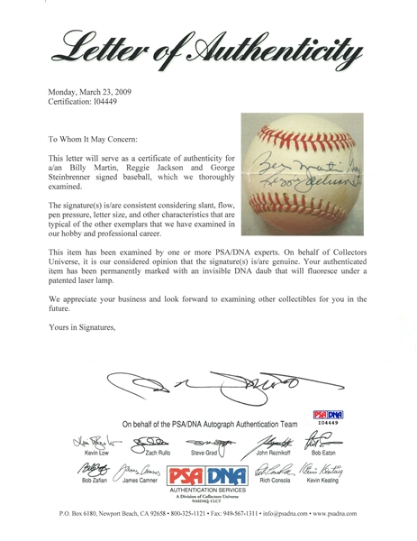 George Steinbrenner, Billy Martin & Reggie Jackson NY Yankees “The Bronx Zoo” Signed OAL Baseball (PSA/DNA LOA)