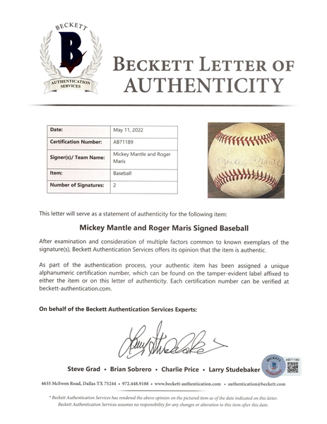 Mickey Mantle & Roger Maris Dual-Signed Official American League Bobby Brown Baseball (Full Beckett LOA)