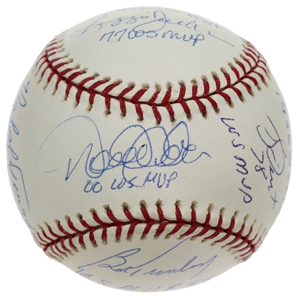 NY Yankees World Series MVP Winners Signed & Inscribed ROMLB Baseball Derek Jeter, Mariano Rivera, Whitey Ford 10 Signatures (Steiner)