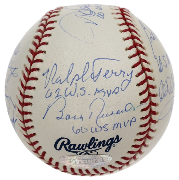 NY Yankees World Series MVP Winners Signed & Inscribed ROMLB Baseball Derek Jeter, Mariano Rivera, Whitey Ford 10 Signatures (Steiner)