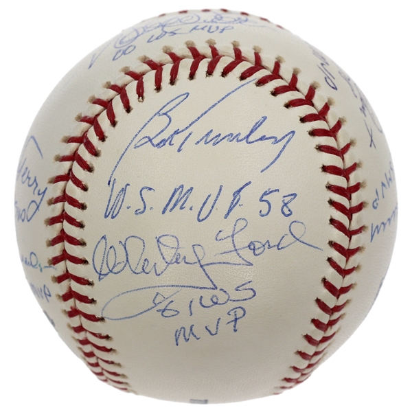 NY Yankees World Series MVP Winners Signed & Inscribed ROMLB Baseball Derek Jeter, Mariano Rivera, Whitey Ford 10 Signatures (Steiner)