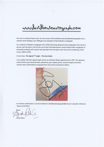 David Bowie 1997 Signed “The Jean Genie” 7” Single Record (Andy Peters Bowie Expert) 