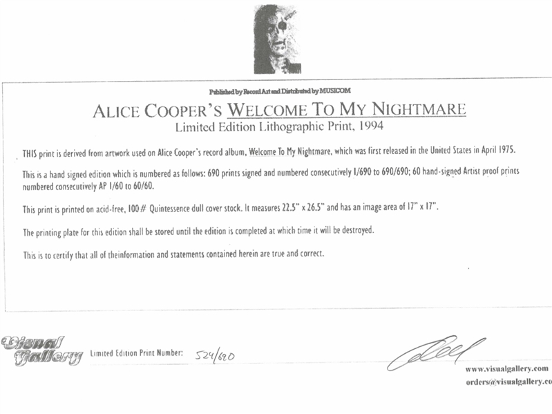 Alice Cooper Signed “Welcome to My Nightmare” Limited-Edition Lithograph (Third Party Guaranteed)