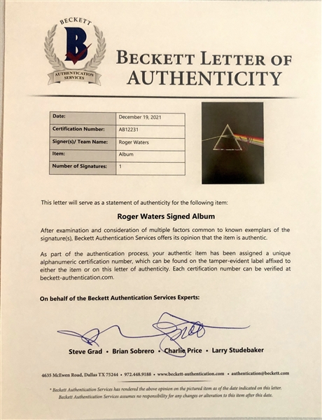 Pink Floyd: Roger Waters In-Person Signed “Dark Side of the Moon” Album Record (John Brennan Collection) (Beckett/BAS Authentication) 