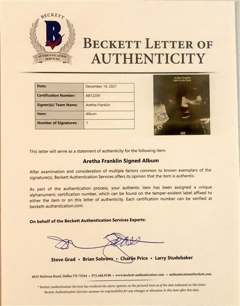 Aretha Franklin In-Person Signed “Spirit in the Dark” Album Record (John Brennan Collection) (Beckett/BAS Authentication)