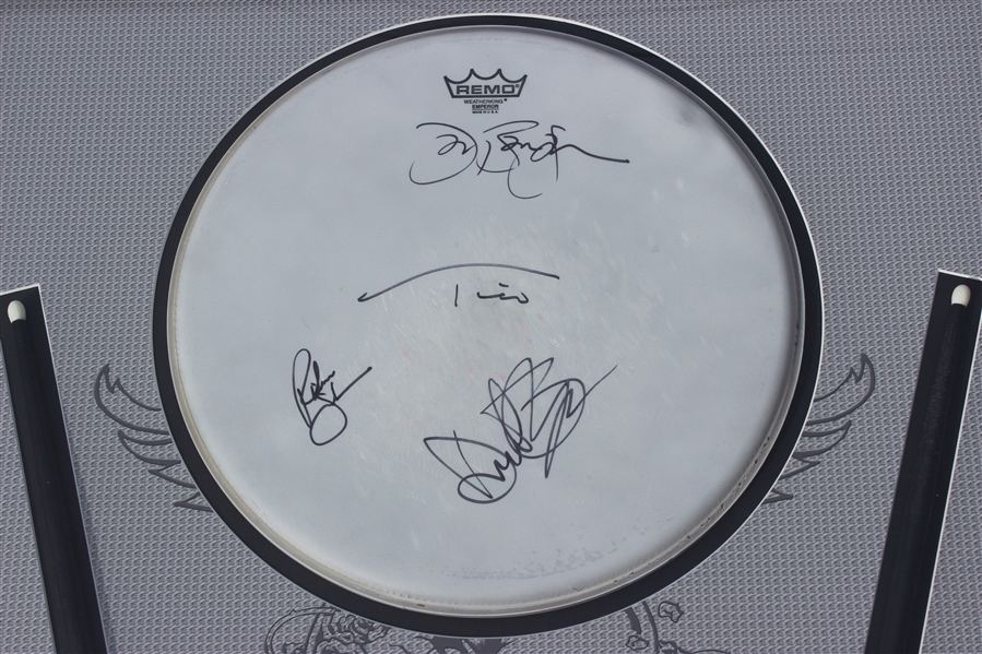 Bon Jovi 2001 Tour-Used & Group Signed Drum Head and Sticks Display (ACOA Authentication)