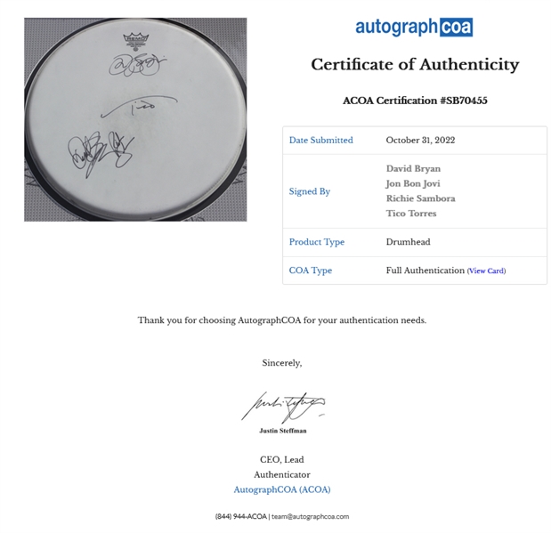 Bon Jovi 2001 Tour-Used & Group Signed Drum Head and Sticks Display (ACOA Authentication)