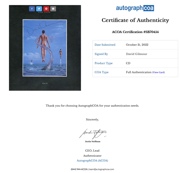Pink Floyd: David Gilmour Signed “Shine On” CD Box Set (ACOA Authentication)