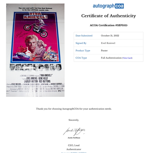Evel Knievel Original One-Sheet 24” x 36” Poster for “Viva Knievel” (ACOA Authentication)