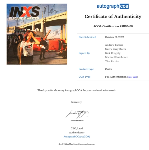 INXS Group Signed 24” x 24” “Elegantly Wasted” Poster (5 Sigs) (ACOA Authentication)