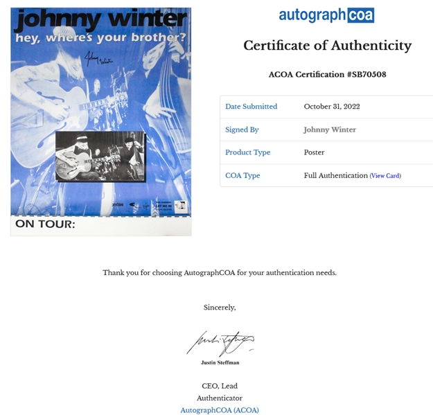 Johnny Winter Signed 20” x 30” Tour Poster (ACOA Authentication)