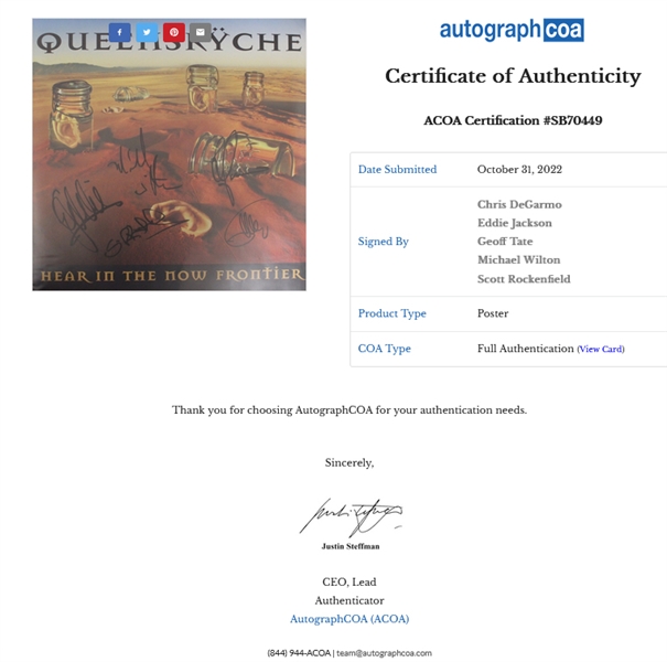 Queensryche Group Signed 24” x 24” “Hear in the Now Frontier” Poster (5 Sigs) (ACOA Authentication)