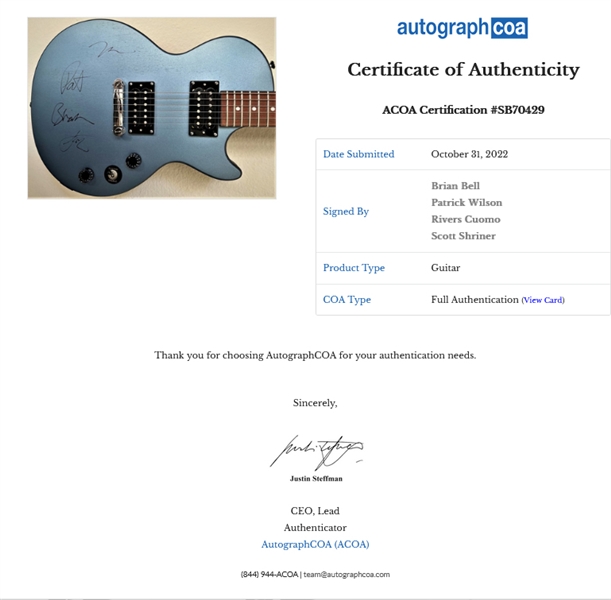 Weezer Group Signed Les Paul Epiphone Special LE Electric Blue Guitar (4 Sigs) (ACOA Authentication)