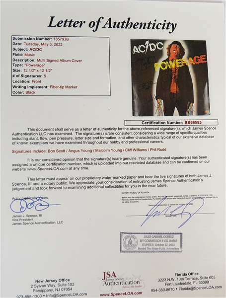 AC/DC Group Signed Powerage Album by All 5 Original Members (Beckett/BAS LOA, JSA LOA, & PSA/DNA LOA)