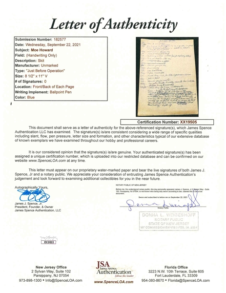 Three Stooges Skit Handwritten by Moe Howard & Signed “Moe” 40+ times (Third Party Guaranteed)