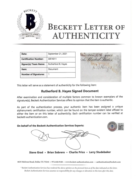 President Rutherford B. Hayes Signed 1881 Military Commission (Beckett/BAS LOA)