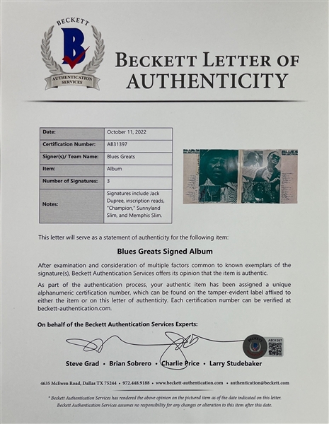 Blues Greats Signed Album, Including Jack Dupree, Sunnyland Slim, and Memphis (Beckett/BAS)