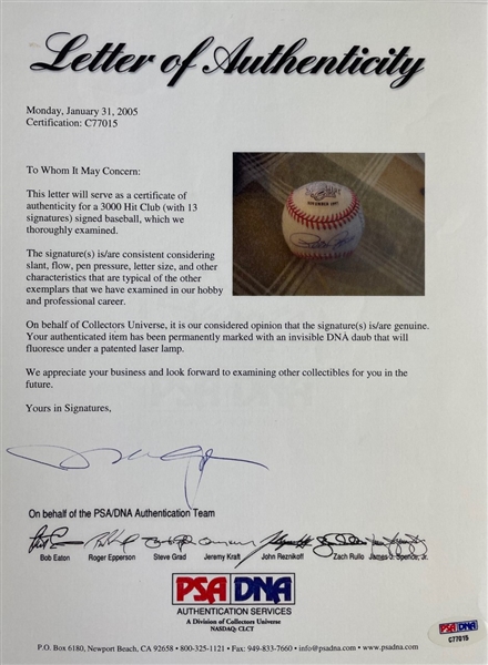 Multi-Signed Ltd. Ed. 3000 Hit Club Baseball w/ Rose, Mays, Musial, & More! (13 Sigs)(PSA LOA)