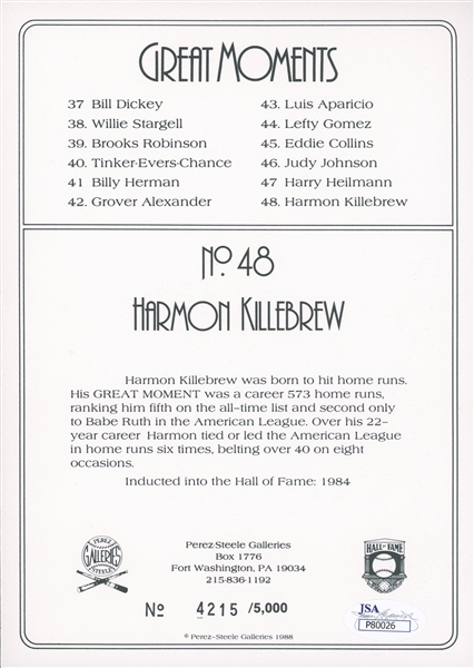 Harmon Killebrew Signed Ltd. Ed. 5.75 x 8 Stock Card (JSA)