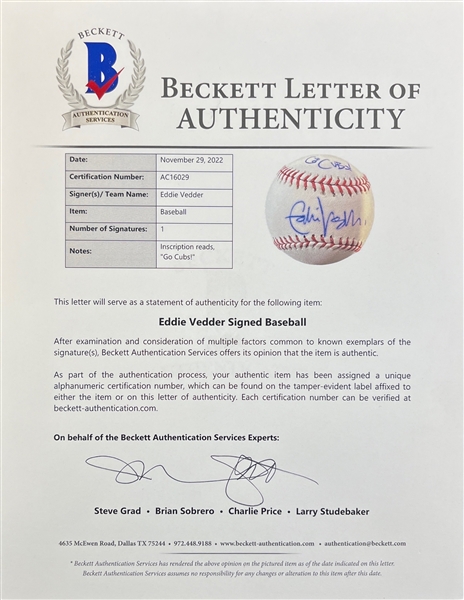 Eddie Vedder Signed & Go Cubs! Inscribed OML Baseball (Beckett/BAS LOA)