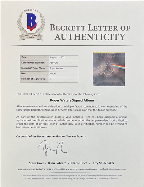 Pink Floyd: Roger Waters Signed 'The Dark Side of the Moon' Album Cover (Beckett/BAS LOA)