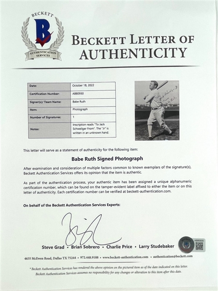 Babe Ruth Signed Photograph in Framed Display (Beckett/BAS and PSA/DNA)