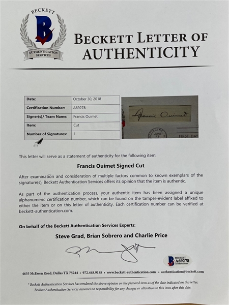 Golf Amateur Frances Ouimet Signed First Day Cover, Matted & Framed (Beckett/BAS)