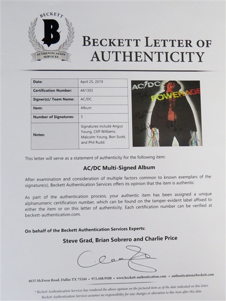 AC/DC Group Signed Powerage Album by All 5 Original Members (Beckett/BAS LOA, JSA LOA, & PSA/DNA LOA)
