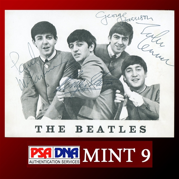 The Beatles Immaculate Group Signed 4.25" x 5.5" Vintage Fan Club Card - PSA/DNA Graded MINT 9 - One of the Best in the Hobby! 