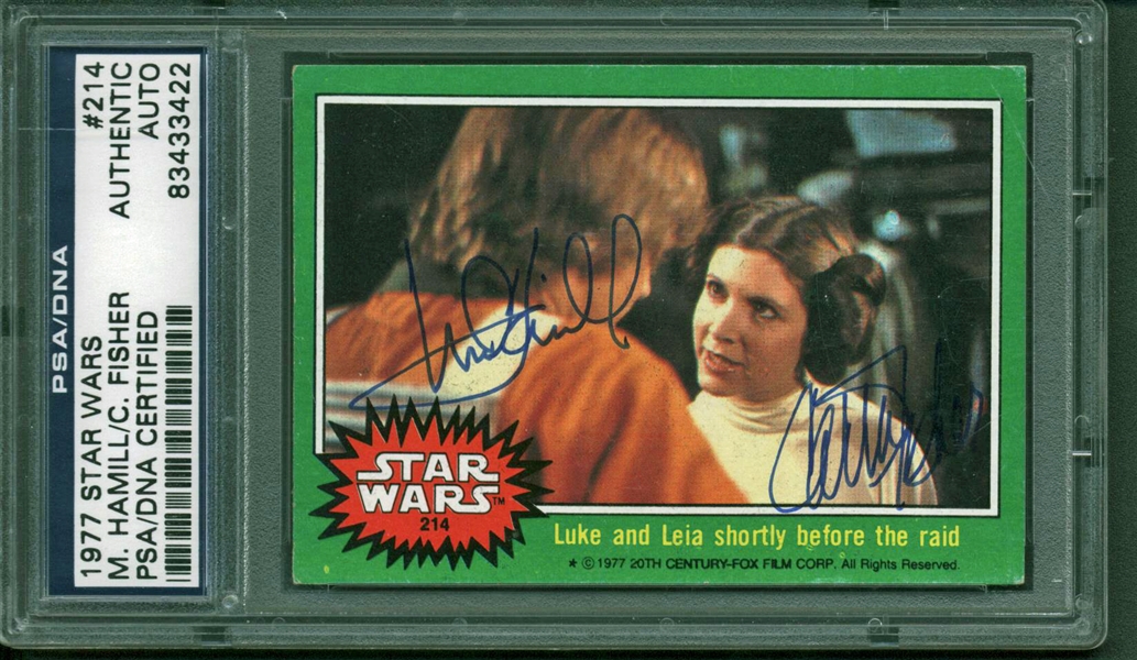 Star Wars: Mark Hamill & Carrie Fisher Dual Signed 1977 Topps Trading Card #214 (PSA/DNA Encapsulated)