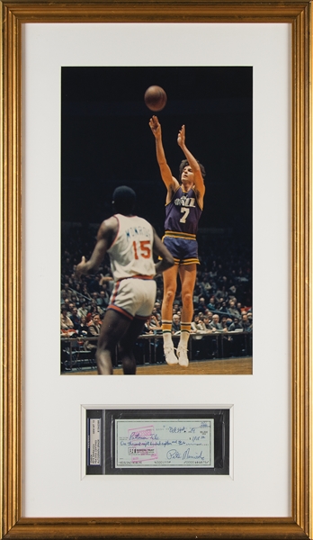 Pistol Pete Maravich Handwritten & Signed Bank Check in Custom Framed Display - PSA/DNA Graded GEM MINT 10 Autograph!