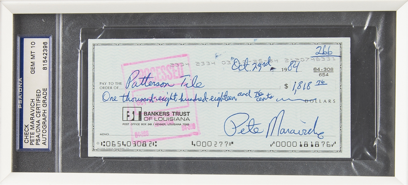 Pistol Pete Maravich Handwritten & Signed Bank Check in Custom Framed Display - PSA/DNA Graded GEM MINT 10 Autograph!