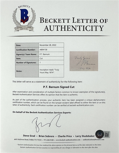 P.T. Barnum Signed 4.5 x 2.5 Sheet in Custom Framed Display (Beckett/BAS LOA)