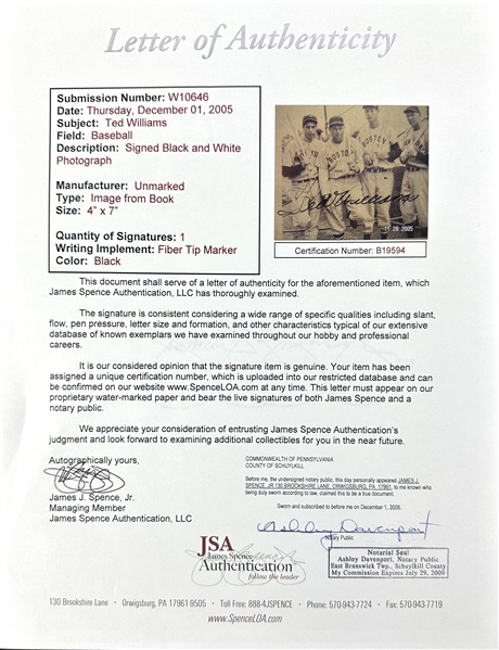 Ted Williams Signed 4 x 7 Book Page Photograph with DiMaggio, Foxx & Ruth! (JSA LOA) 