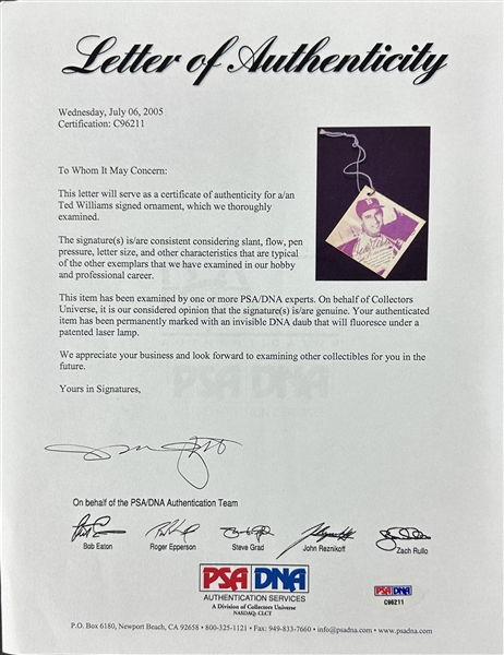 Ted Williams Signed 1950's Jimmy Fund Cancer Research Charity Hang Tag (PSA/DNA LOA)