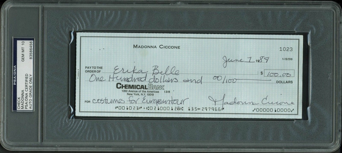 Madonna Ultra-Rare Handwritten & TWICE Signed Bank Check from 1984 - PSA/DNA Graded GEM MINT 10!