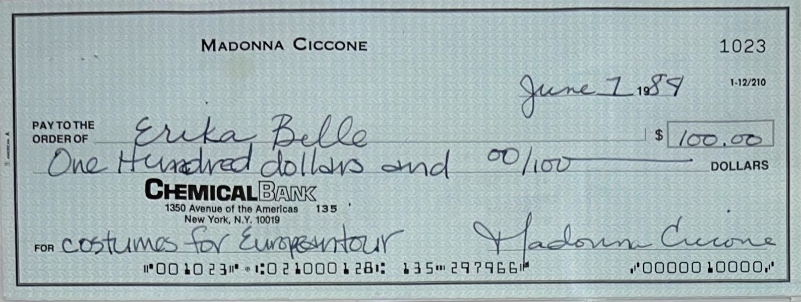 Madonna Ultra-Rare Handwritten & TWICE Signed Bank Check from 1984 - PSA/DNA Graded GEM MINT 10!