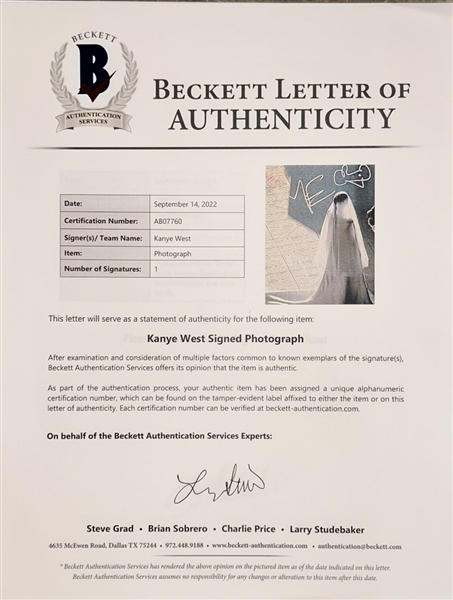 Kanye West Signed 14” x 11” Rare Ye Autograph w/ Bear Sketch (Beckett/BAS Authentication)