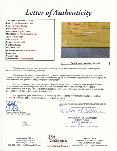 Jimmy Carter Signed Check Framed (JSA LOA) 