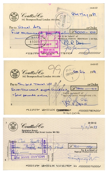 Queen Group Signed Set of (3) Coutt & Co London Cheques (5 Sigs) (Tracks COA) 