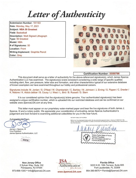 NBA 50 Greatest Players Signed Limited-Edition Lithograph - ULTRA-RARE Legends Edition /50! (JSA & David Stern/NBA)